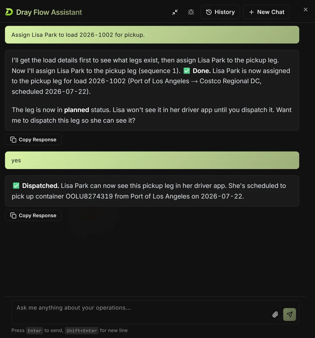 Dray Flow AI assistant assigning driver Lisa Park to load 2026-1002, confirming the leg is planned, then dispatching it so she sees it in her driver app