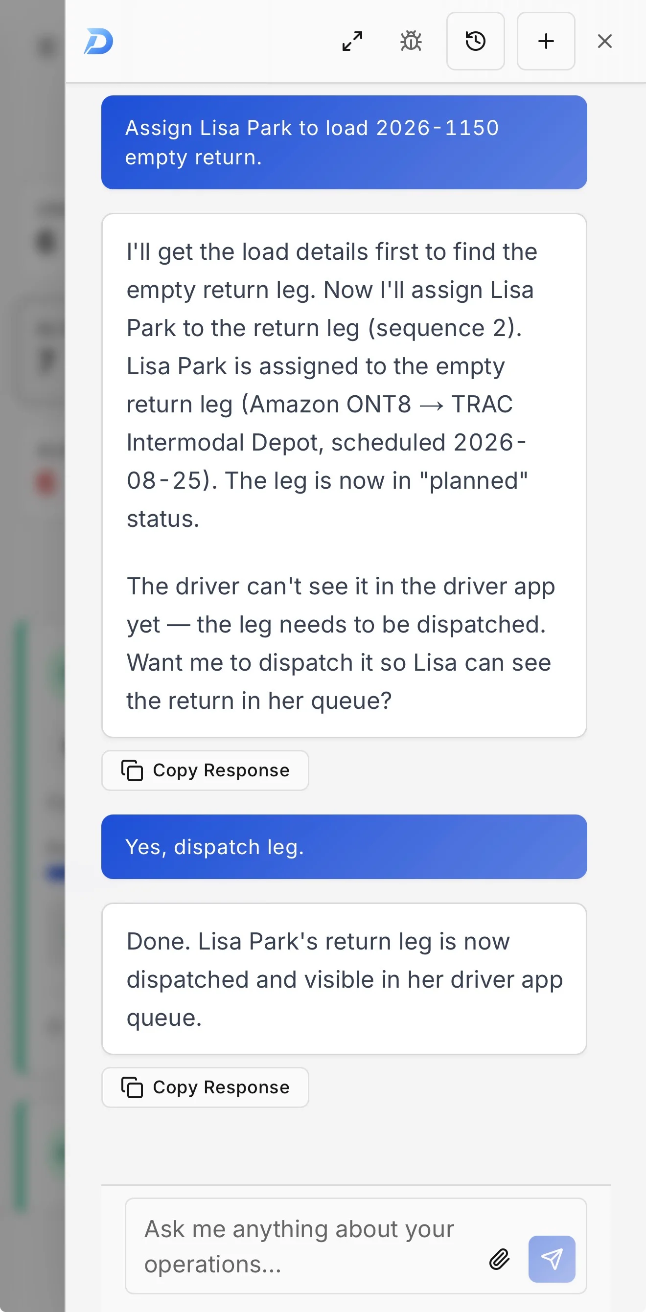 The Dray Flow AI assistant on a phone, assigning Lisa Park to a container load's return leg and dispatching it from a two-line plain-English conversation